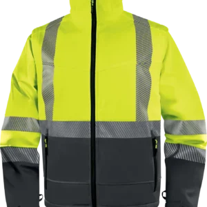 Chaqueta softshell alta visibilidad Delta Plus FAST, vista frontal con cierre central, bolsillos y bandas reflectivas.
