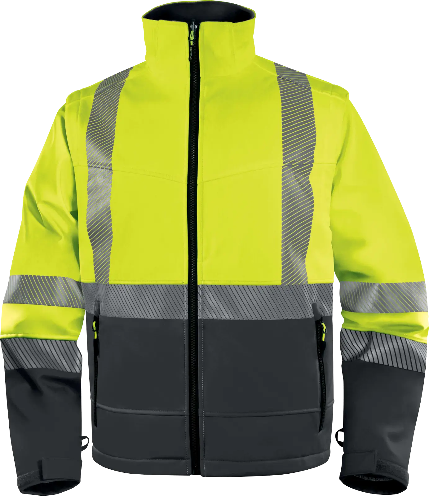 Chaqueta softshell alta visibilidad Delta Plus FAST, vista frontal con cierre central, bolsillos y bandas reflectivas.