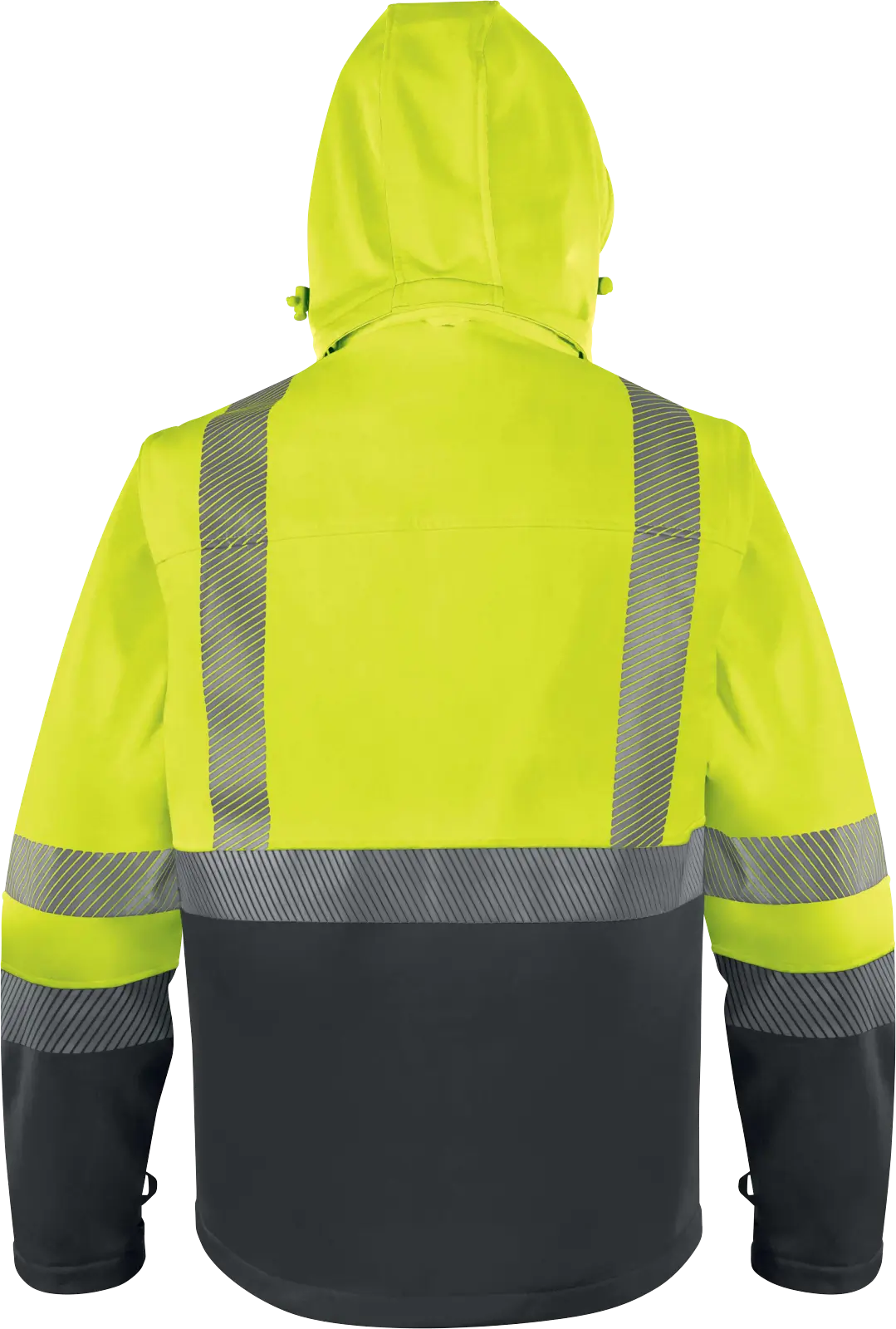 Chaqueta softshell alta visibilidad Delta Plus FAST, vista posterior con bandas reflectivas y capucha desmontable.