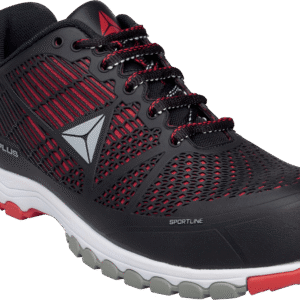 Calzado de seguridad deportivo Delta Plus DELTA SPORT negro y rojo con diseño ventilado y puntera reforzada.