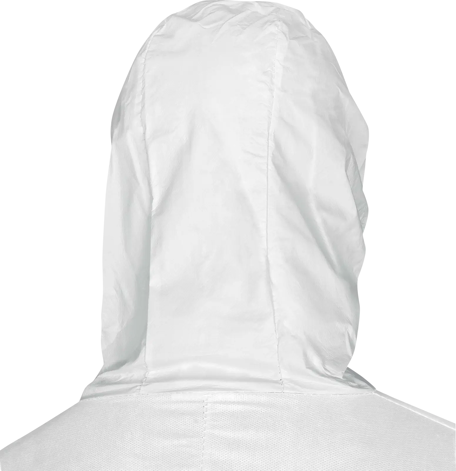 Vista posterior de la capucha del buzo químico desechable antiestático DT117 en material blanco.