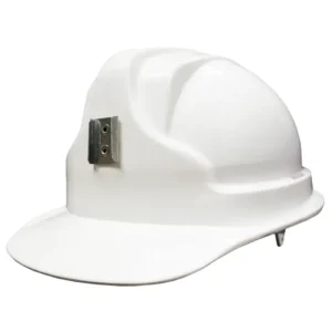 Casco minero con portalámpara blanco en vista frontal lateral y soporte metálico para lámpara.