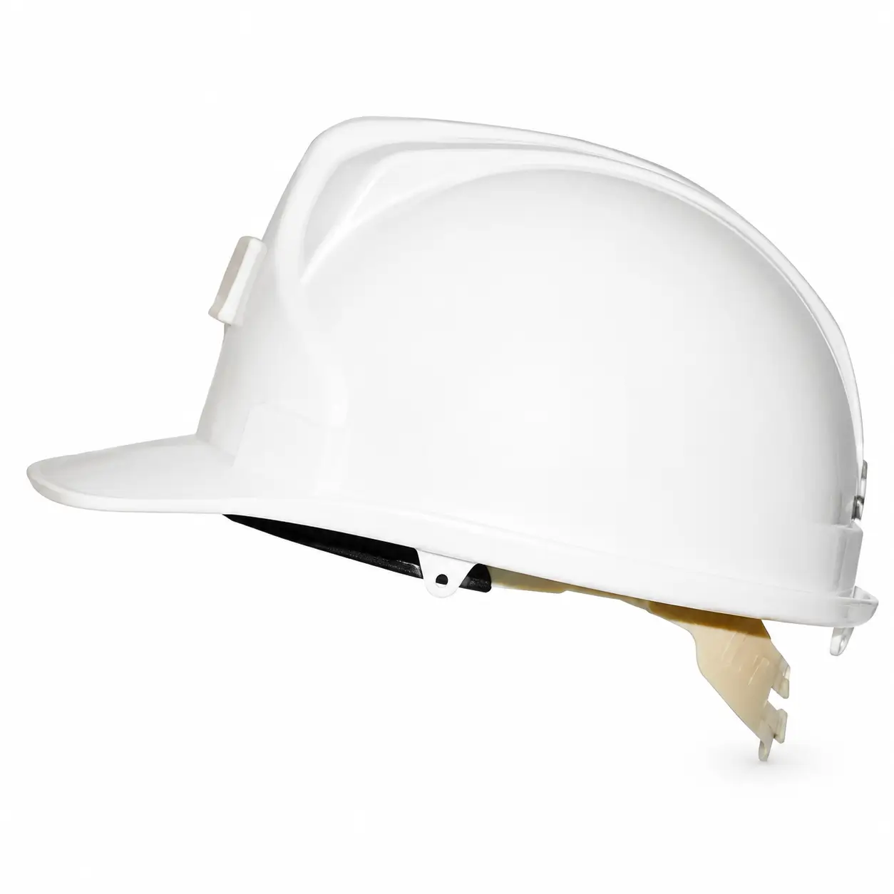 Casco minero con portalámpara blanco visto de perfil, con visera frontal y sistema de ajuste posterior.