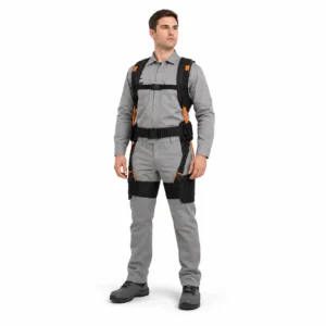 Exoesqueleto ergonómico lumbar industrial RQC-EXO BACK LITE instalado sobre operario en vista frontal.