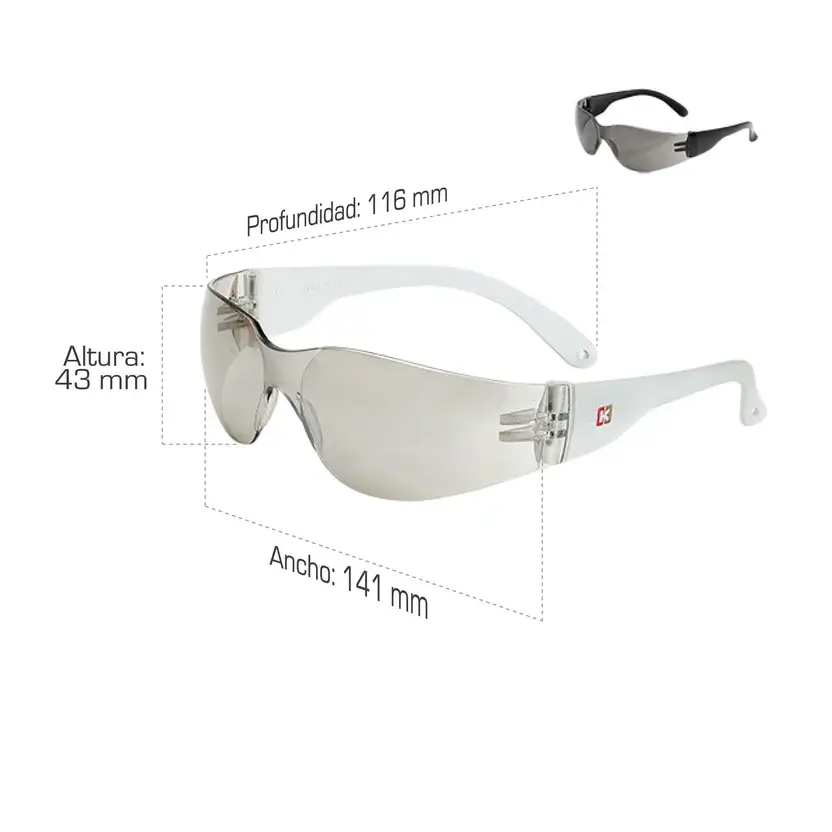 Gafas seguridad lente claro KIM Ícaro AF con medidas de 141 mm de ancho y 116 mm de profundidad.