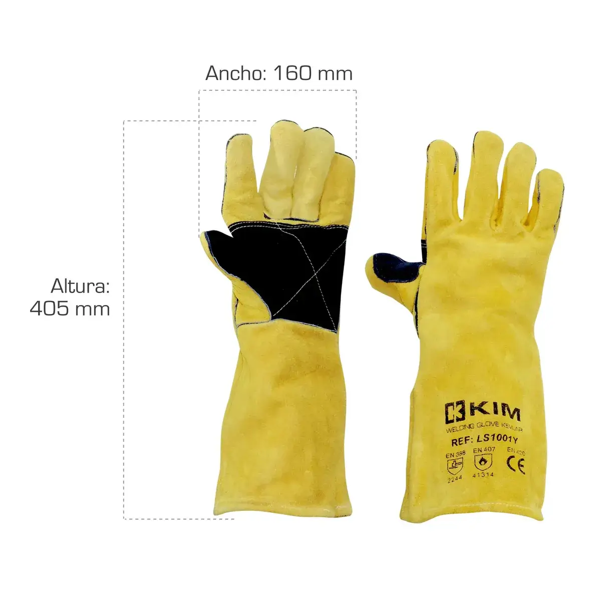 Medidas de guantes carnaza para soldadura HERCULES KIM: 405 mm de alto y 160 mm de ancho