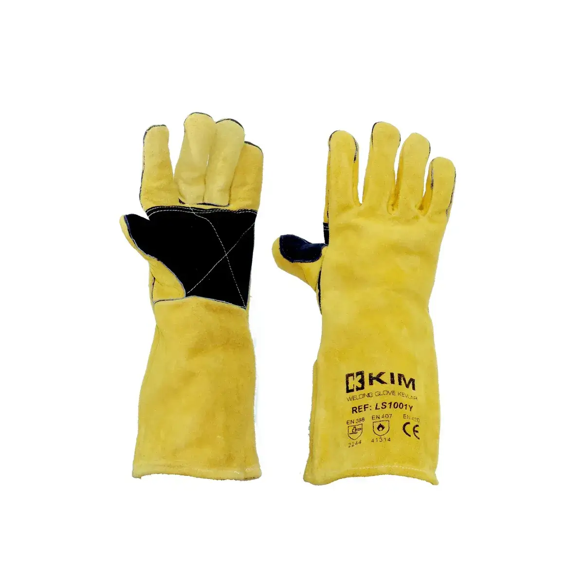 Guantes carnaza para soldadura HERCULES KIM con refuerzo negro en palma y puño largo