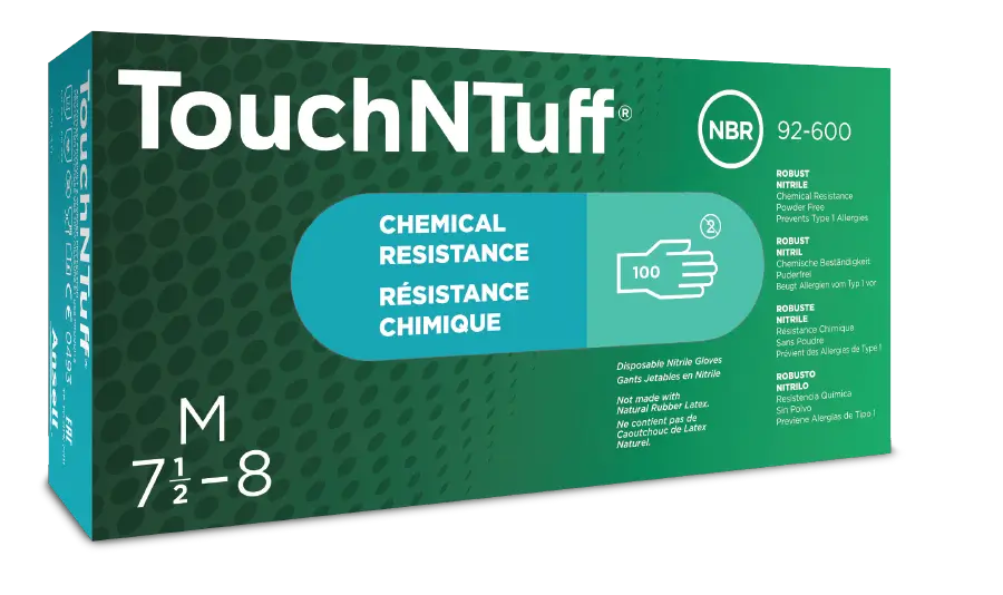Caja de guantes nitrilo químicos desechables Ansell TouchNTuff 92-600, talla M.