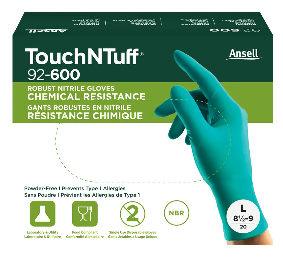 Dispensador de guantes nitrilo químicos desechables Ansell TouchNTuff 92-600 con guante verde.