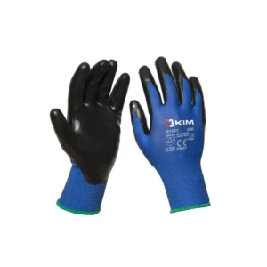 Par de guantes nitrilo resistencia mecánica KIM CORUS N1001 azules con recubrimiento negro en palma y dedos.