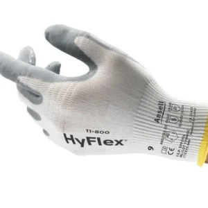 Guantes nitrilo transpirables industriales Ansell HyFlex 11-800 con recubrimiento gris y soporte tejido