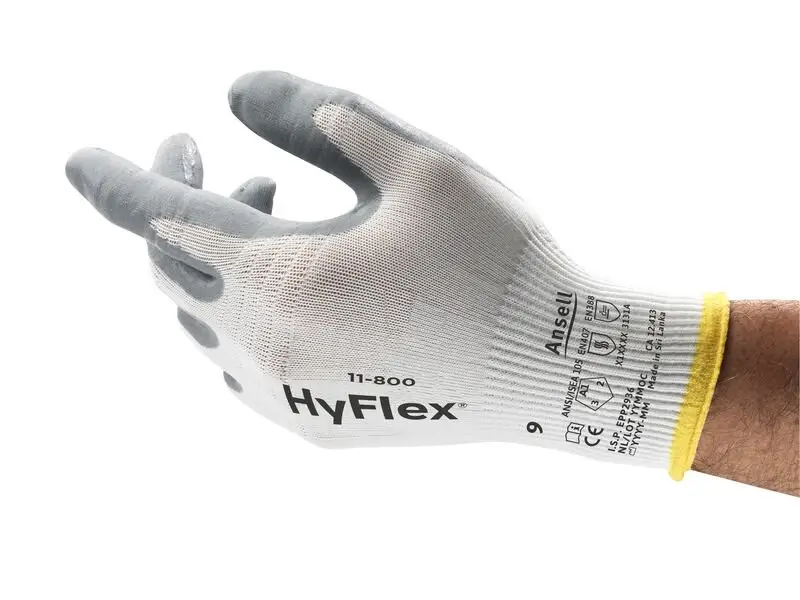Guantes nitrilo transpirables industriales Ansell HyFlex 11-800 con recubrimiento gris y soporte tejido