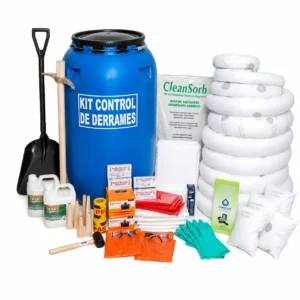 Kit derrames de hidrocarburos de 120 galones con barreras, absorbentes, caneca, pala, EPP y accesorios de contención.
