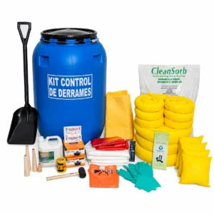 Kit derrames químicos 75gal Codecam con absorbentes, barreras, EPP, pala y elementos para control de emergencias industriales.