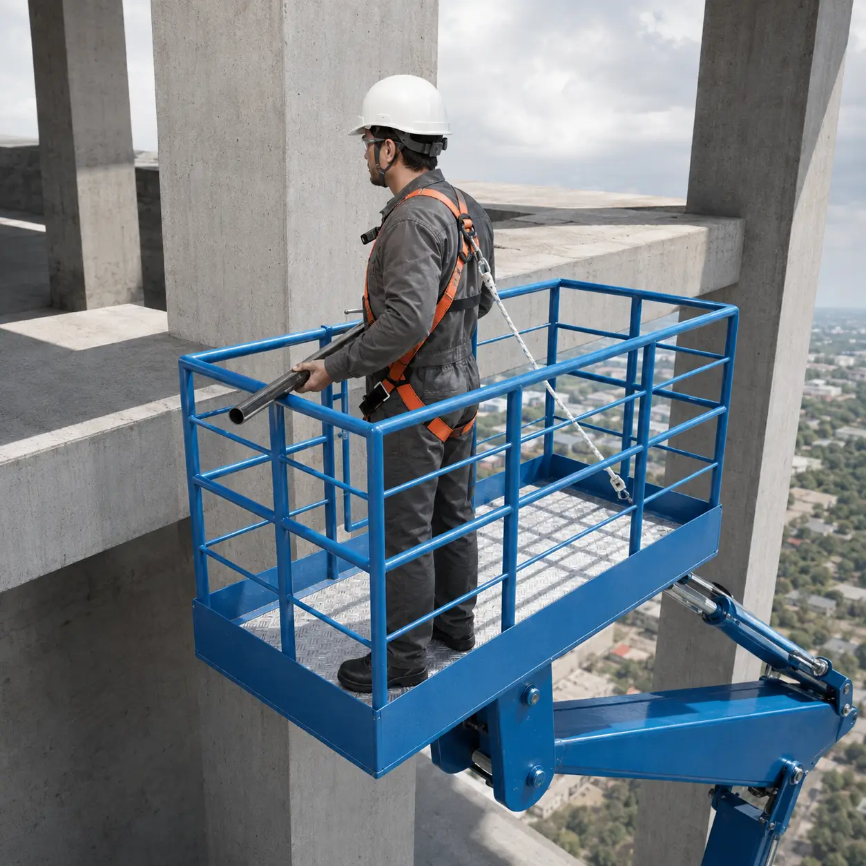 Trabajador usando kit trabajo en alturas ELARA130 Delta Plus sobre plataforma elevada industrial.