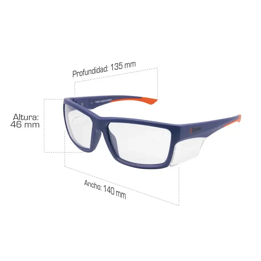 Montura gafas seguridad RX Kim ORFEO con lentes transparentes, protectores laterales y medidas de 140 x 46 x 135 mm.