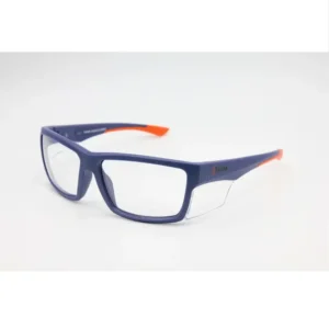 Montura gafas seguridad RX Kim ORFEO azul con detalles naranjas, lentes transparentes y protección lateral integrada.