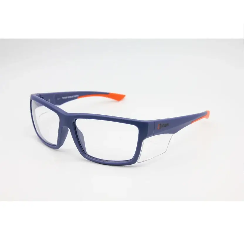 Montura gafas seguridad RX Kim ORFEO azul con detalles naranjas, lentes transparentes y protección lateral integrada.