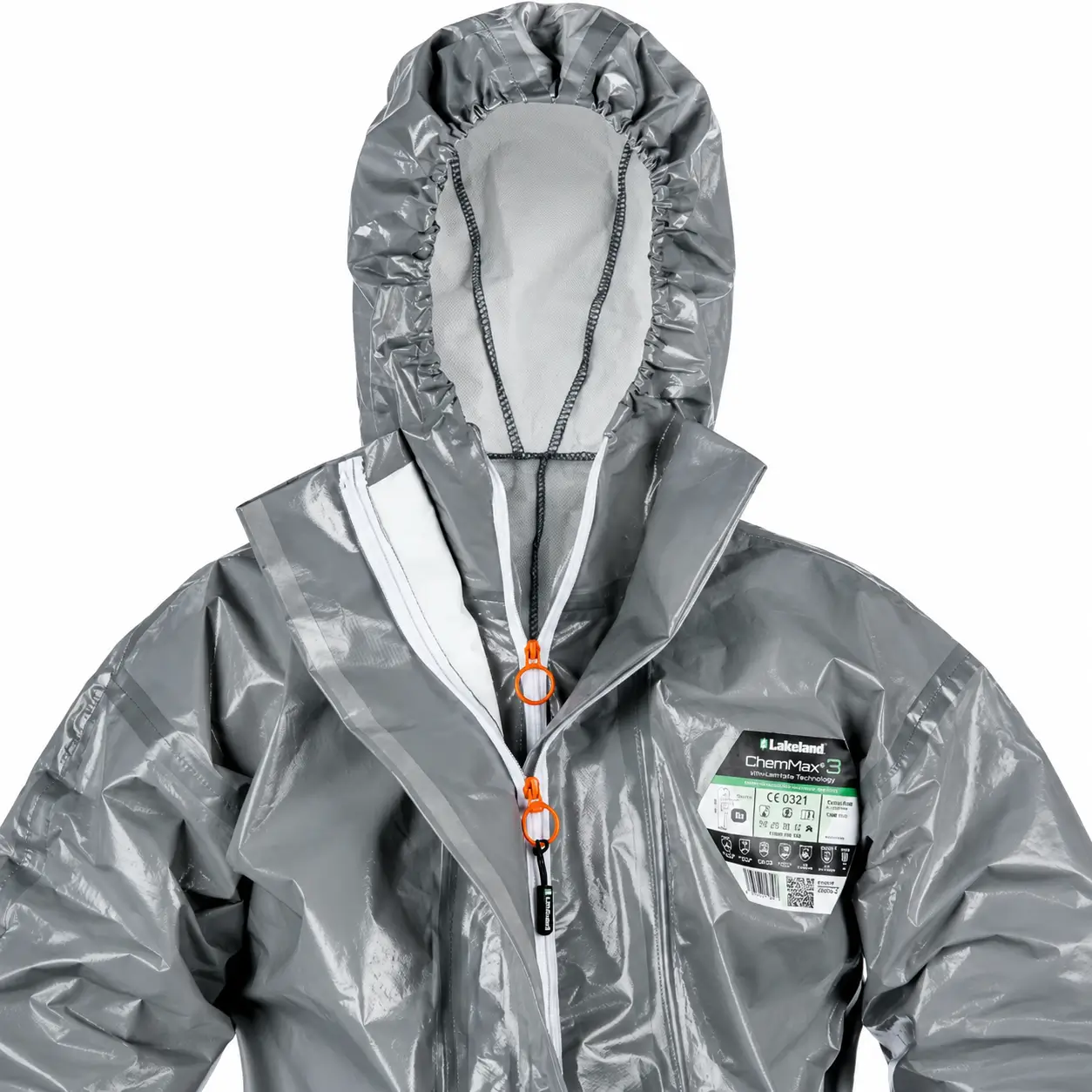 Overol químico industrial ChemMax 3 con detalle de capucha, doble cremallera y solapa protectora Lakeland