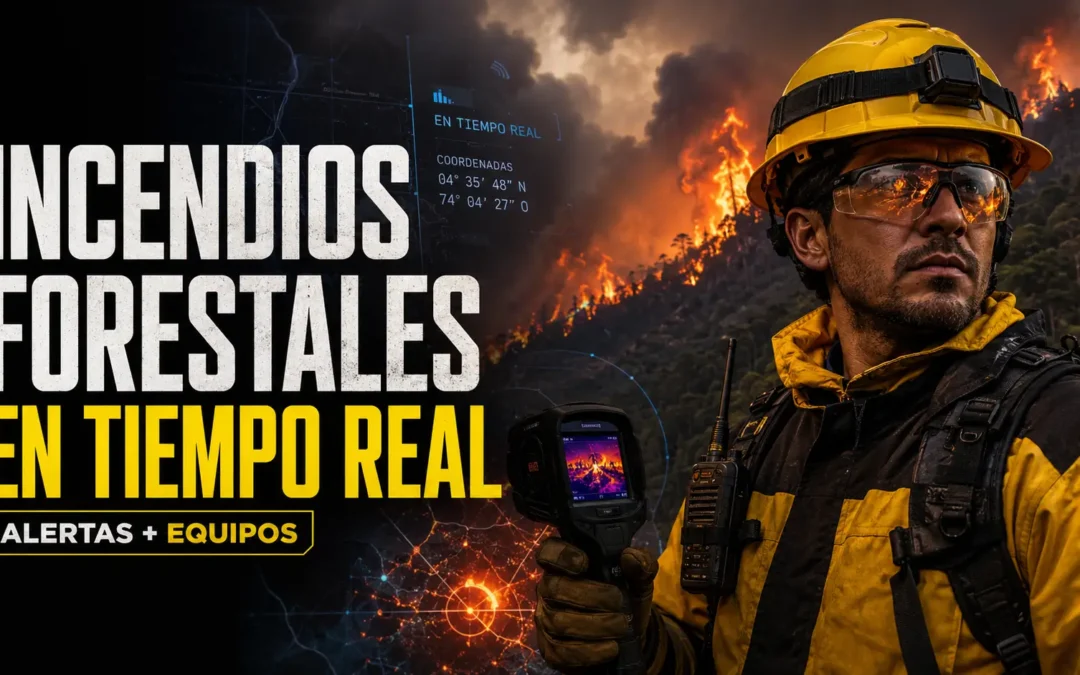 Bombero monitoreando incendios forestales en tiempo real con cámara térmica