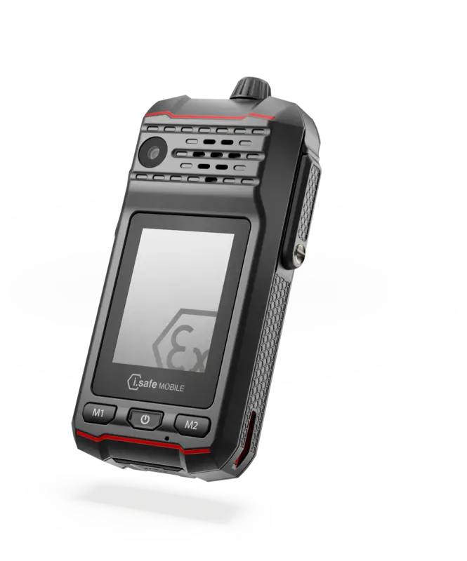 Radio 5G ATEX industrial i.safe MOBILE IS440.1 vista frontal con pantalla, controles y diseño robusto.