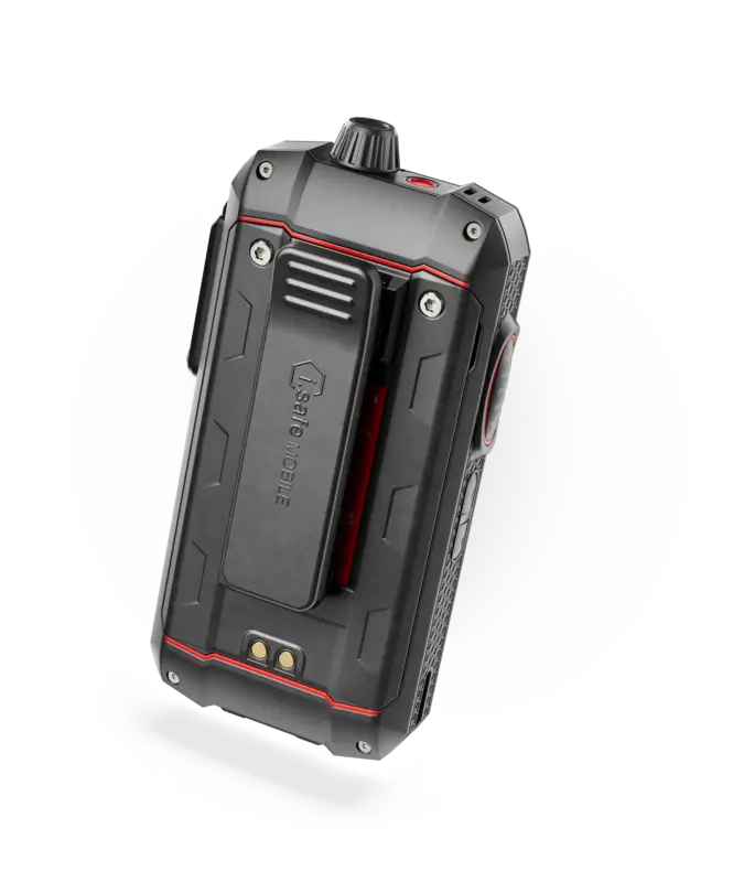 Radio 5G ATEX industrial i.safe MOBILE IS440.1 en vista posterior con clip de sujeción para uso profesional.