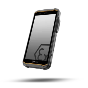 Smartphone ATEX industrial 5G i.safe MOBILE IS540.2 en vista frontal con pantalla táctil reforzada