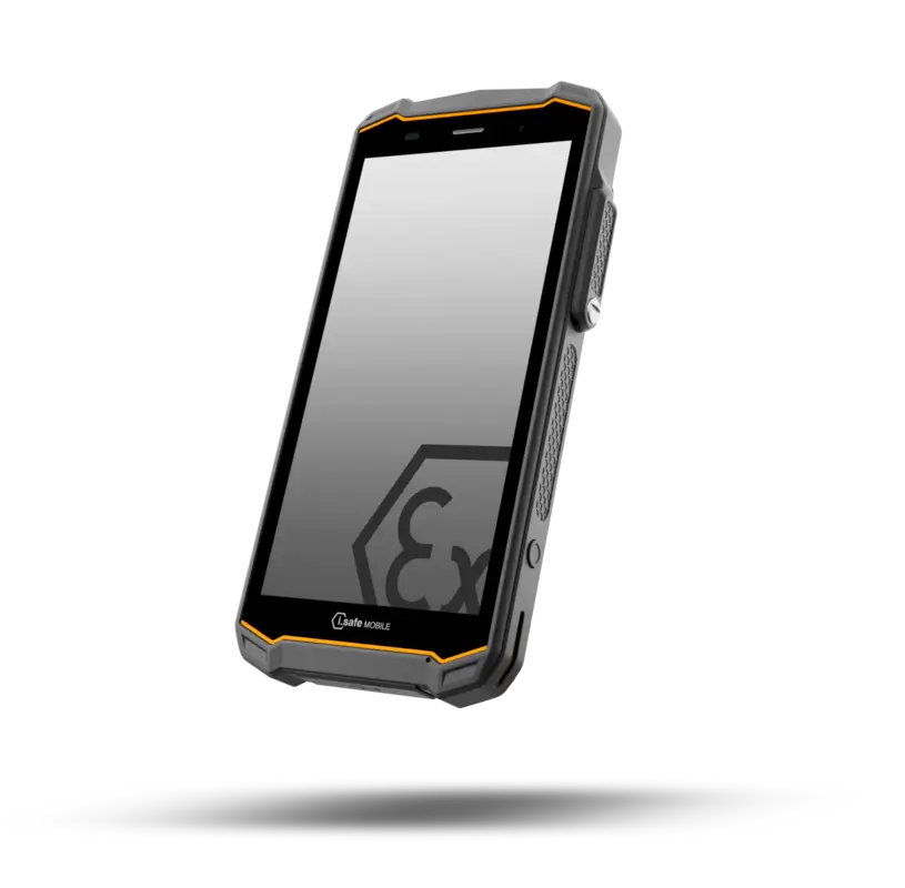 Smartphone ATEX industrial 5G i.safe MOBILE IS540.2 en vista frontal con pantalla táctil reforzada