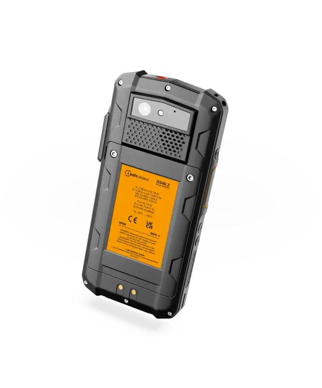 Smartphone ATEX industrial 5G i.safe MOBILE IS540.2 en vista trasera con carcasa reforzada y certificaciones