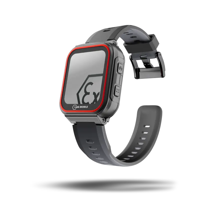 Smartwatch ATEX zona 1 IS-SW1.1 en vista frontal con pantalla, carcasa robusta y correa negra