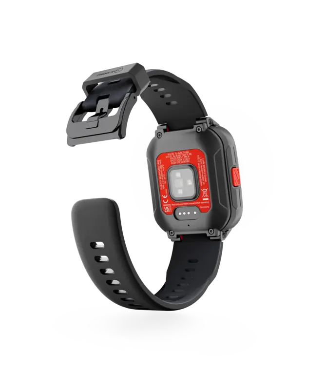 Smartwatch ATEX zona 1 IS-SW1.1 en vista posterior con sensores, contactos de carga y correa industrial