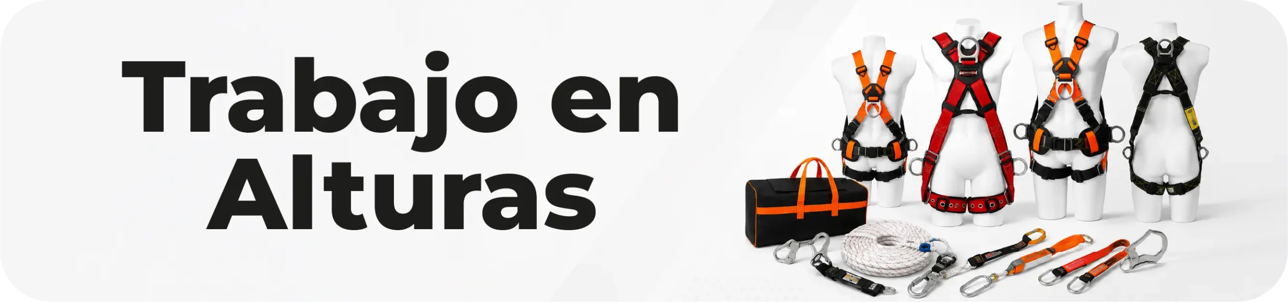 Banner de trabajo seguro en alturas con arneses, líneas de vida y equipos anticaídas sobre fondo blanco.