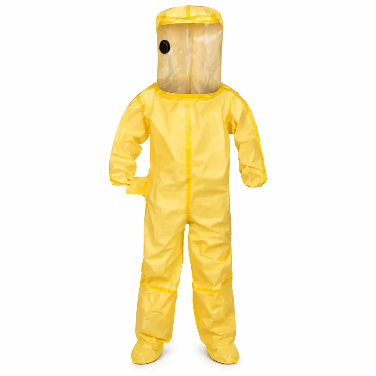 Traje químico encapsulado industrial Lakeland ChemMax 1, vista frontal amarilla con visor y botas integradas.