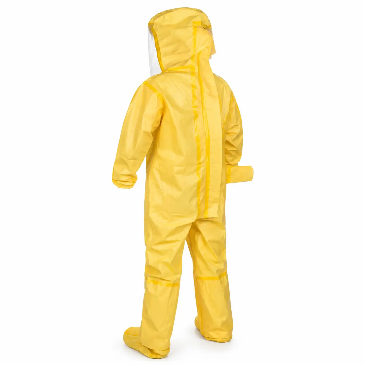 Traje químico encapsulado industrial Lakeland ChemMax 1 visto desde atrás con diseño encapsulado amarillo.