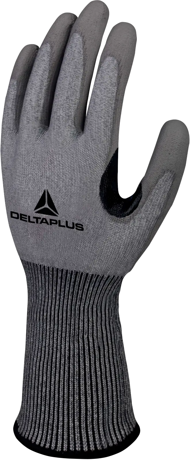 Guantes anticorte nivel C Delta Plus VENICUT C02 en vista dorsal, color gris y puño tejido largo