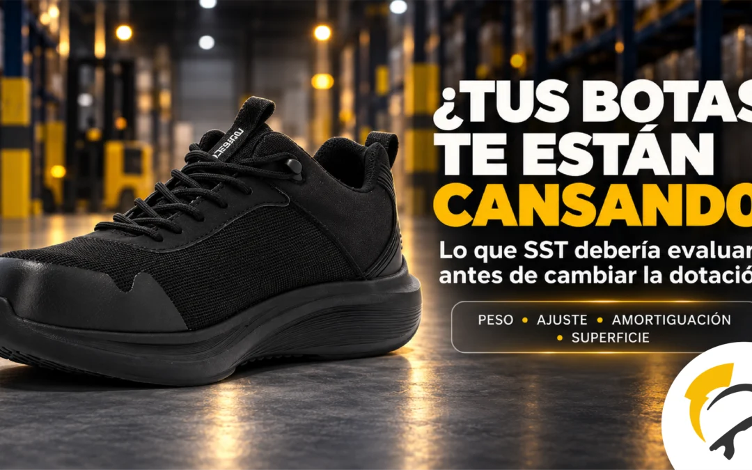 Calzado de seguridad liviano Raven CT en bodega, banner sobre peso, ajuste, amortiguación y superficie.