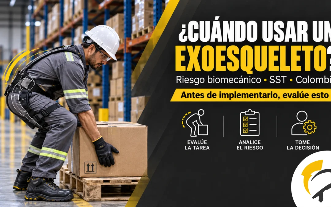 Banner sobre exoesqueleto industrial en Colombia con trabajador evaluando riesgo biomecánico y SST en una bodega.